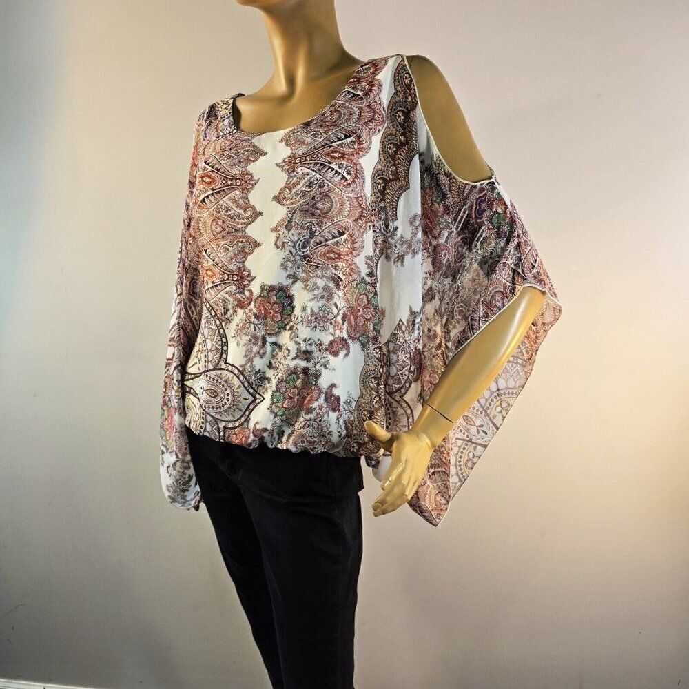Karen Kane Floral Paisley Scarf Top Cold Shoulder Sz L Pullover Blouse USA Made